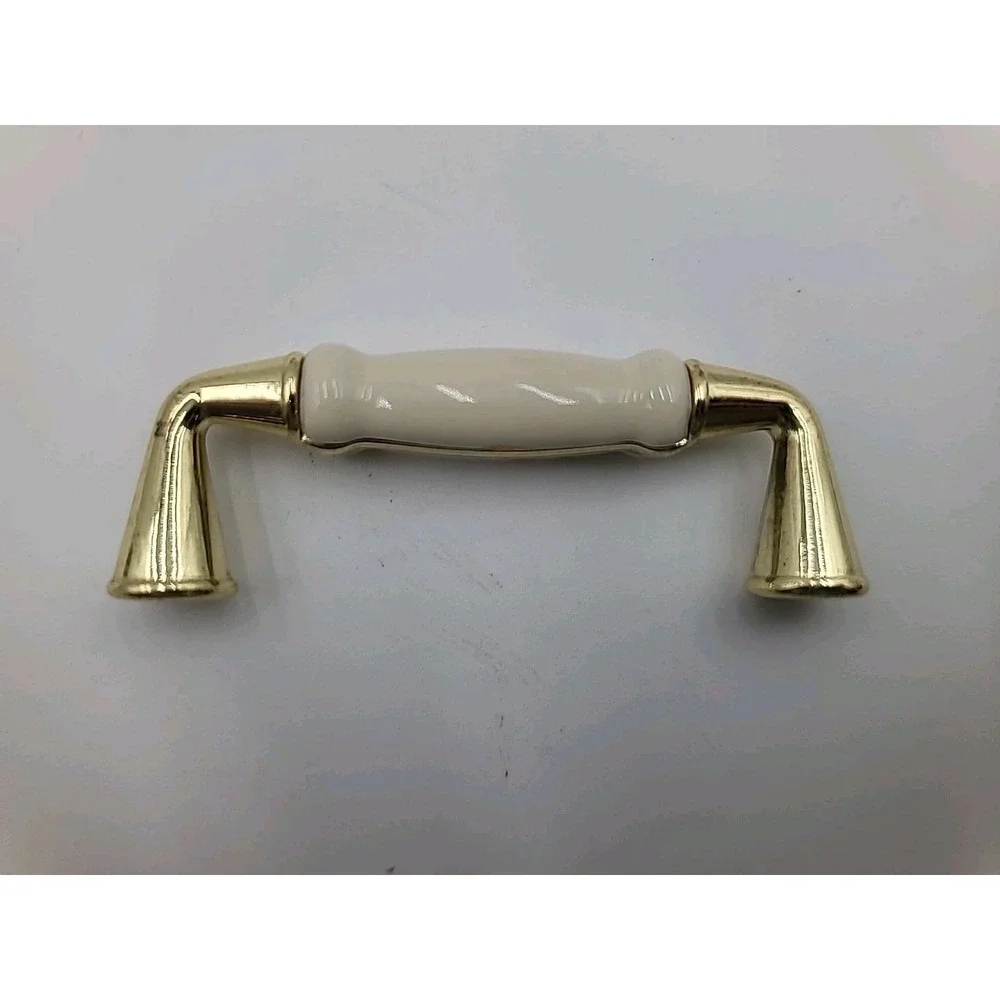 VTG 3pc Brass‎ Beige Ceramic Cabinet Handles Drawer Pulls 3